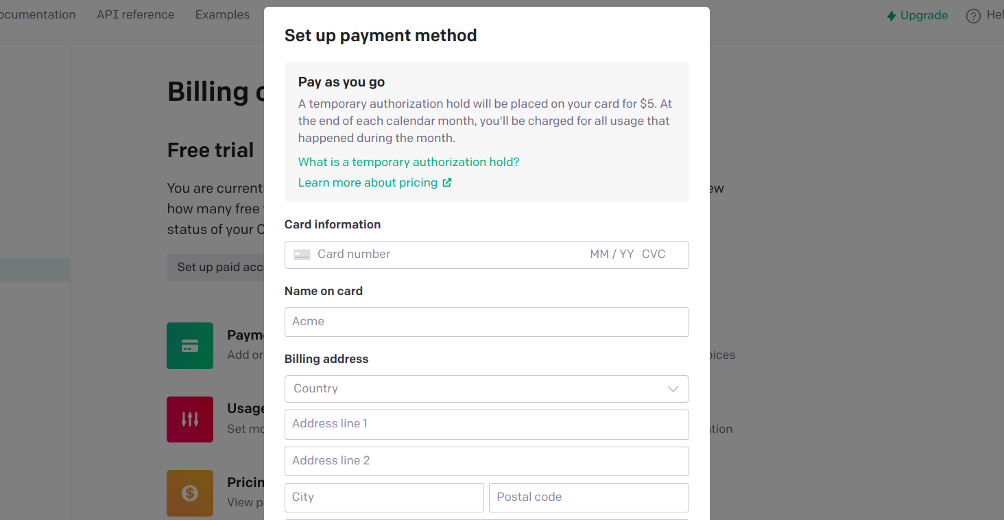 OpenAI Billing page