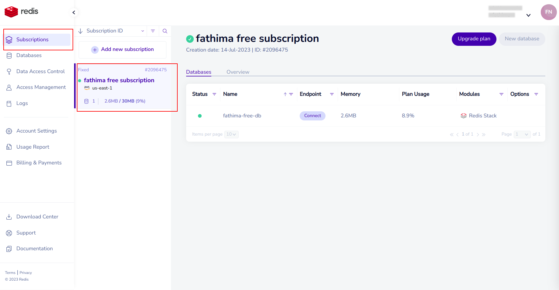 Redis Subscription section